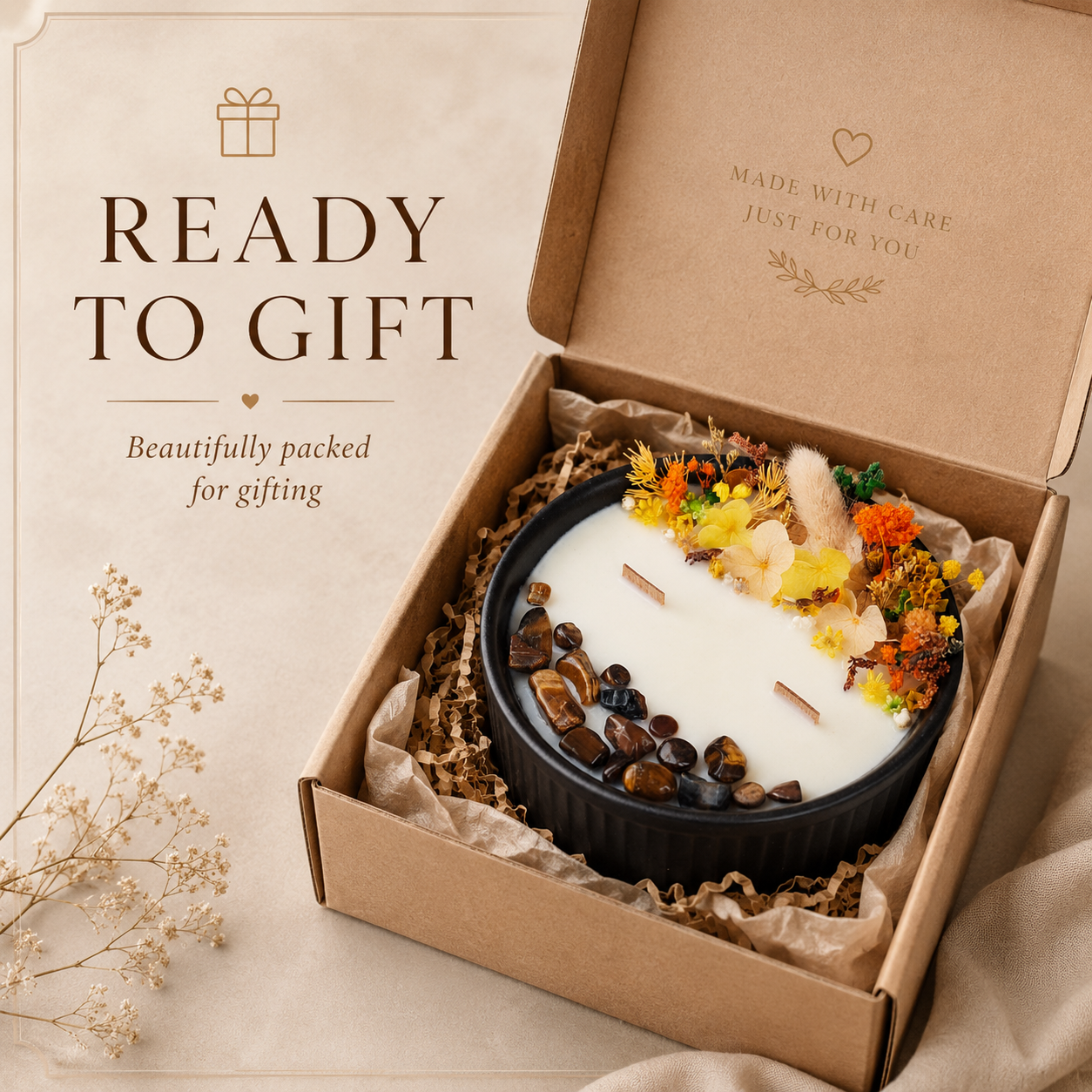 Golden Bloom and Tiger’s Eye floral crystal candle presented in a ready-to-gift box