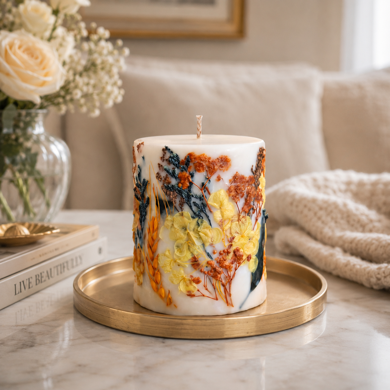 Golden Meadow botanical soy wax candle displayed in a warm elegant interior