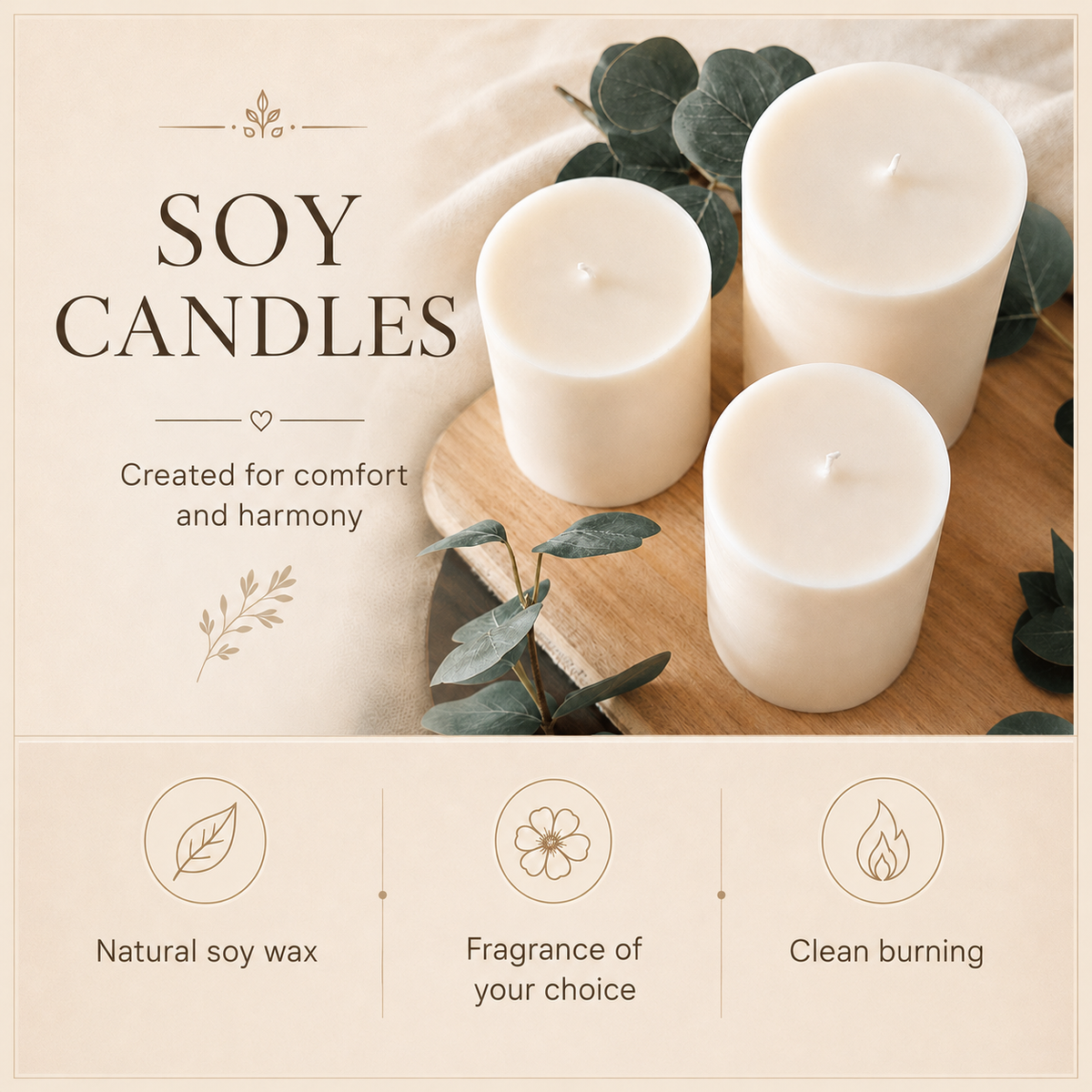 Natural soy wax pillar candles with a fragrance of your choice and clean burning