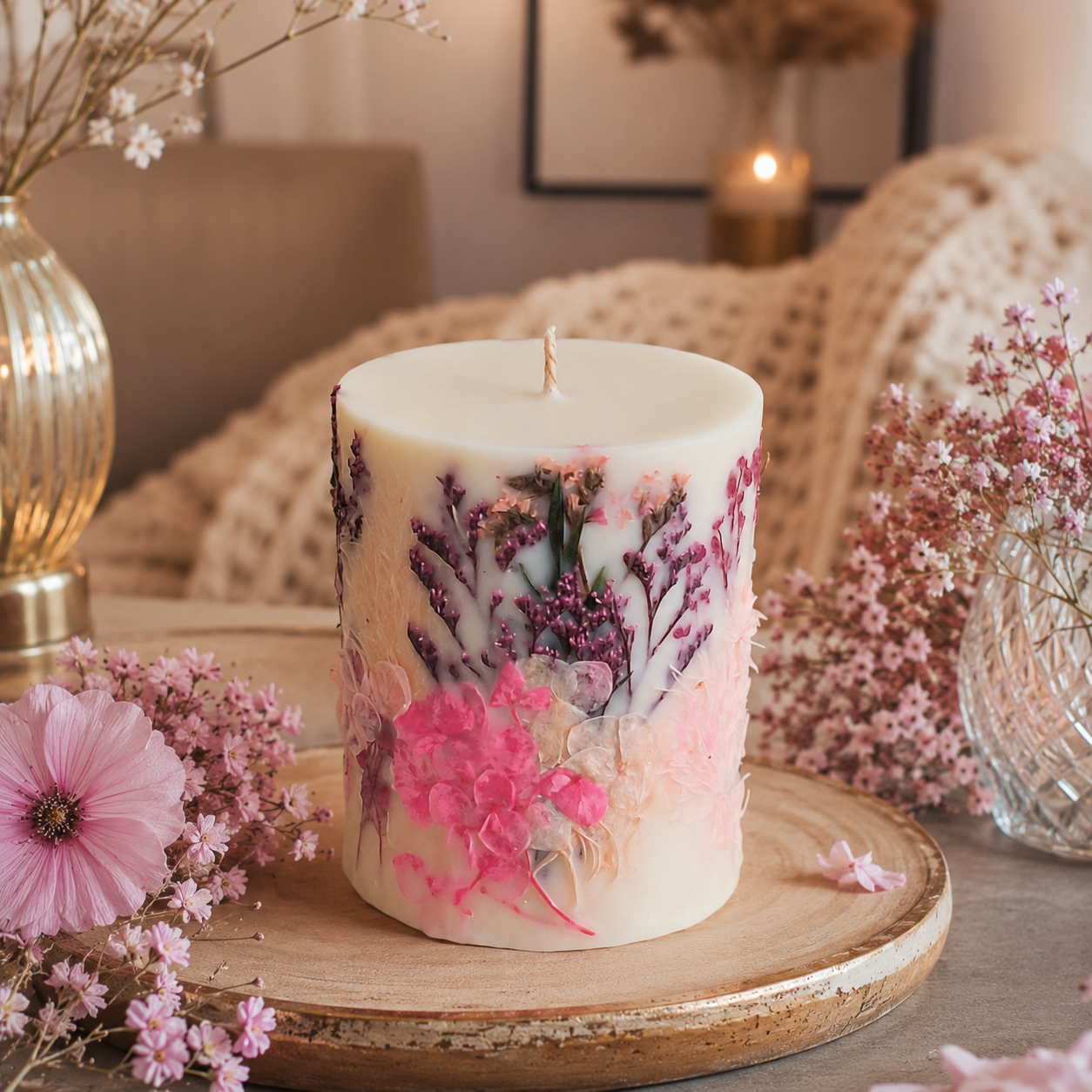 Rose Garden botanical soy wax candle displayed in a soft romantic interior