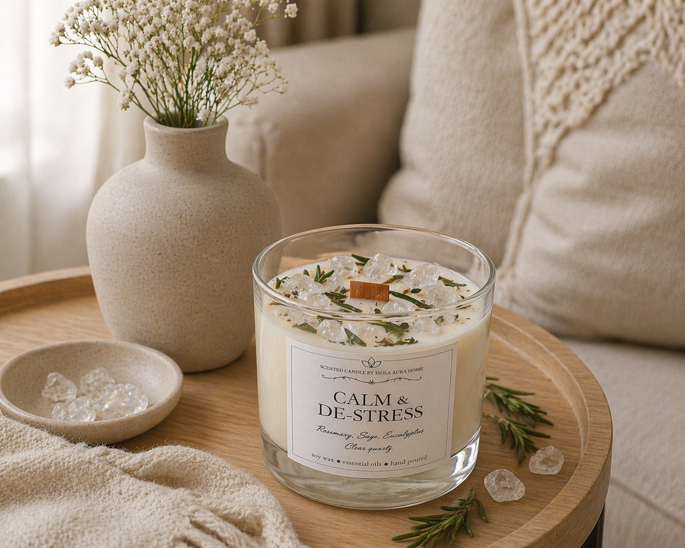 Rosemary and clear quartz candle styled in a warm neutral home interior