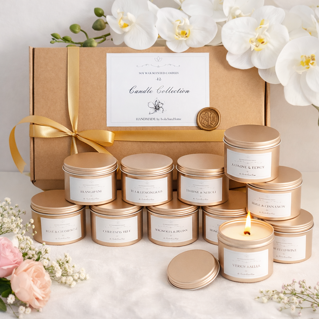 Mini scented soy candles displayed with kraft gift box and floral decor