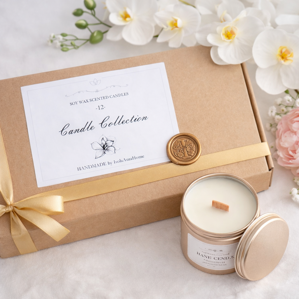 Kraft candle gift box with mini soy wax candle in gold tin and white orchid flowers