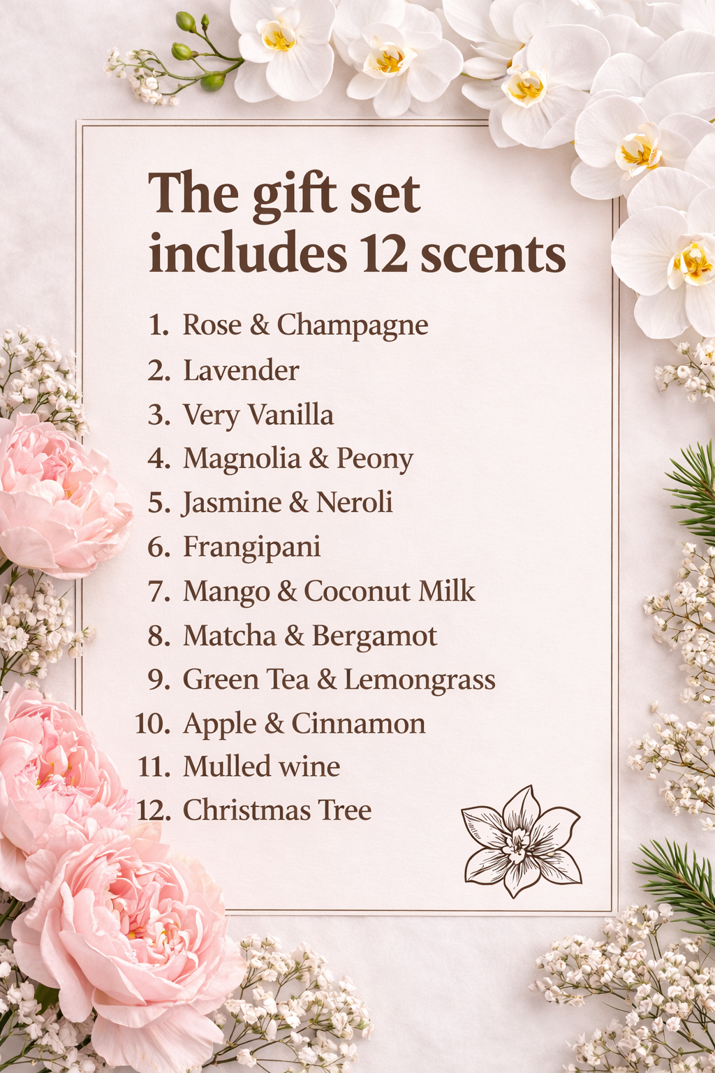 Fragrance list card for 12 scent soy candle gift box including floral, fresh, cosy and seasonal candle scents