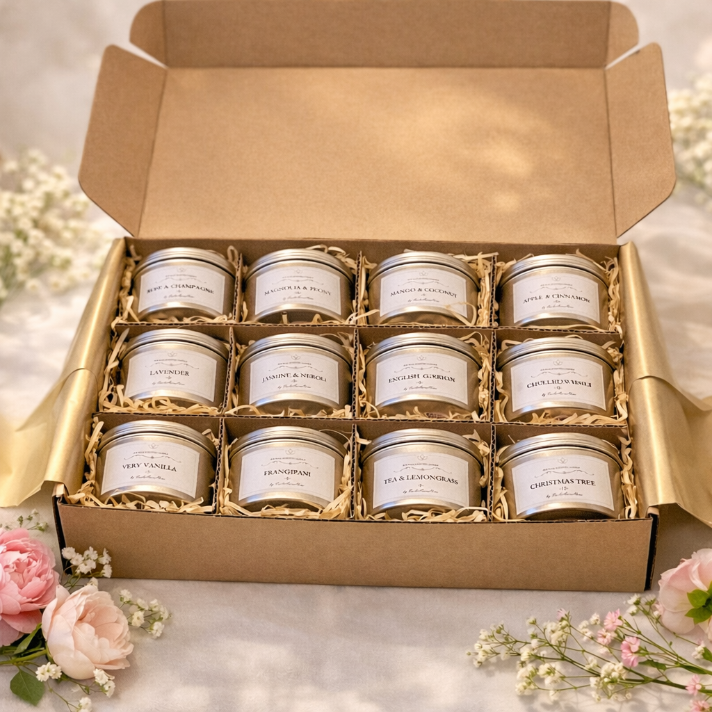 12 scent soy candle gift box with mini scented candles in gold tins, handmade by Isola Aura Home in Belgium