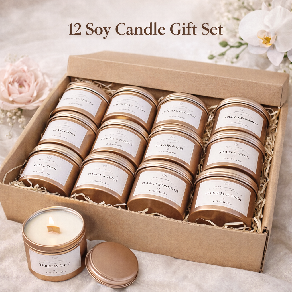 Open kraft gift box with 12 mini soy wax candles in different scents