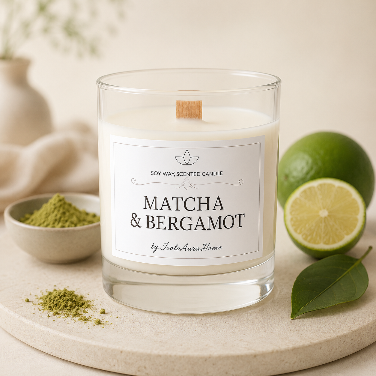 Matcha and Bergamot soy wax candle in a glass jar with wooden lid, handmade by Isola Aura Home in Belgium