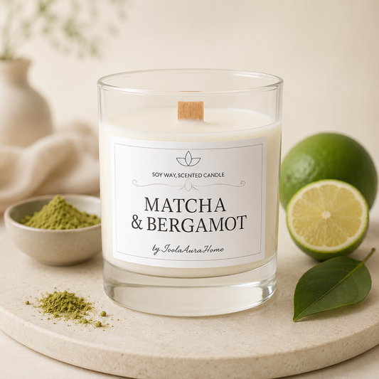 Matcha and Bergamot soy wax candle in a glass jar with wooden lid, handmade by Isola Aura Home in Belgium