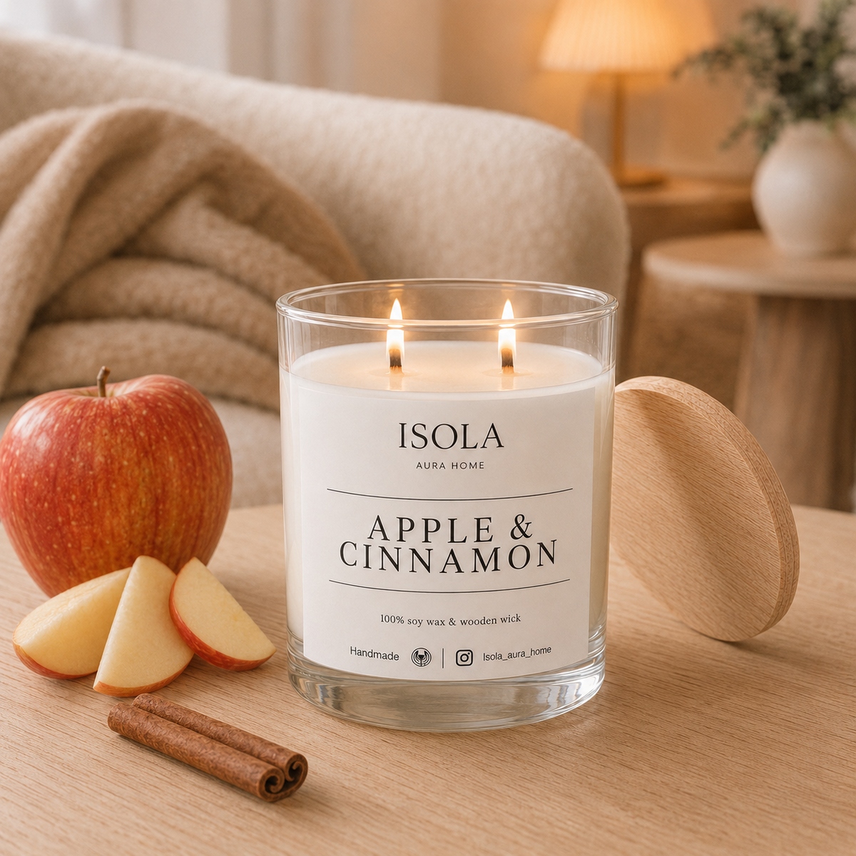 Apple and cinnamon soy candle with two burning wooden wicks in a cosy neutral home interior