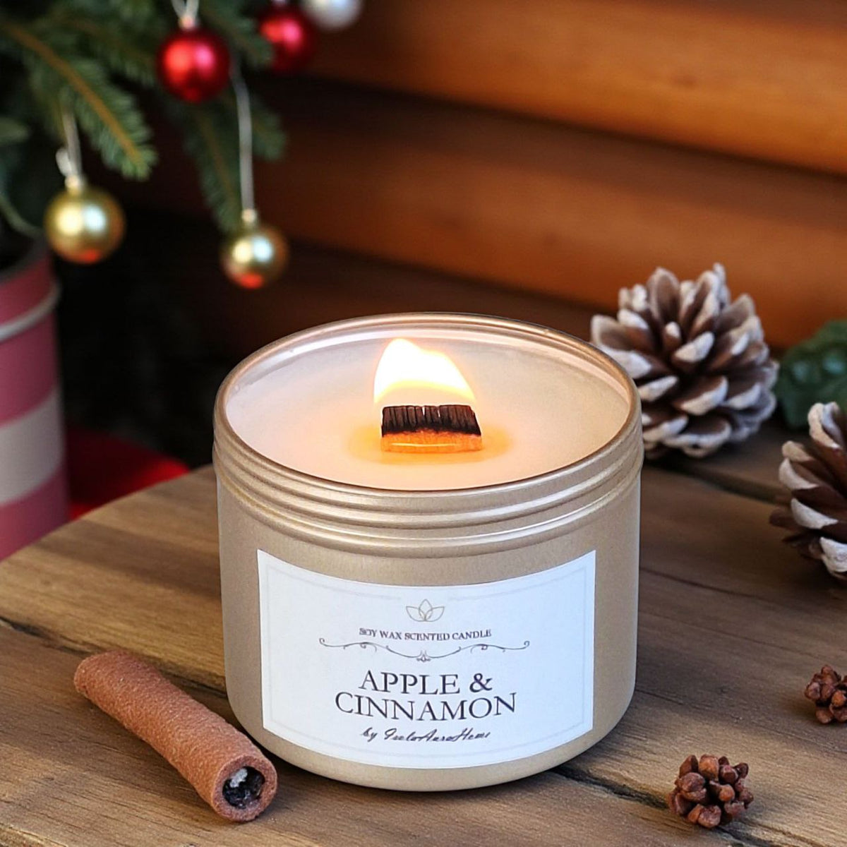 Burning Apple and Cinnamon soy candle with a wooden wick in a festive interior