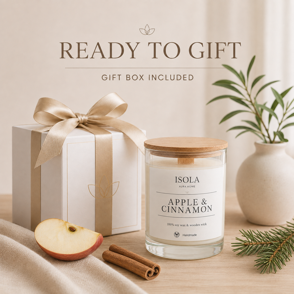 Apple and cinnamon scented soy candle with wooden lid and elegant gift box ready for giving