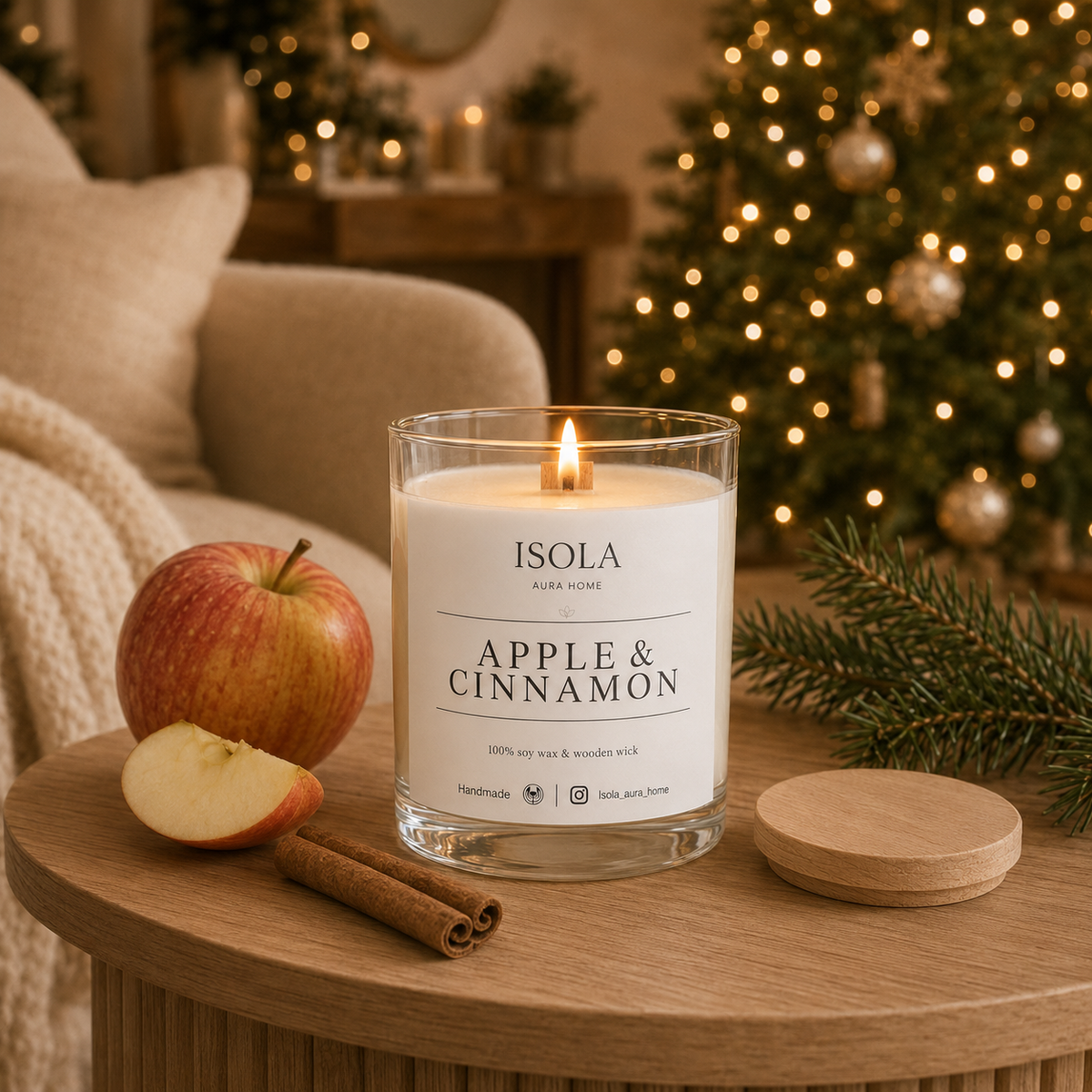 Burning apple and cinnamon soy candle with red apple, cinnamon sticks and glowing Christmas tree
