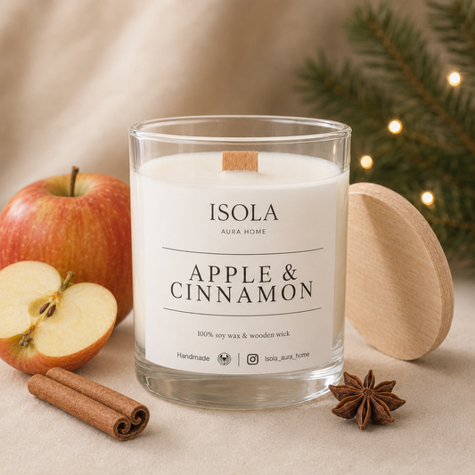 Apple and cinnamon scented soy candle with wooden wick, red apple, cinnamon sticks and natural wooden lid