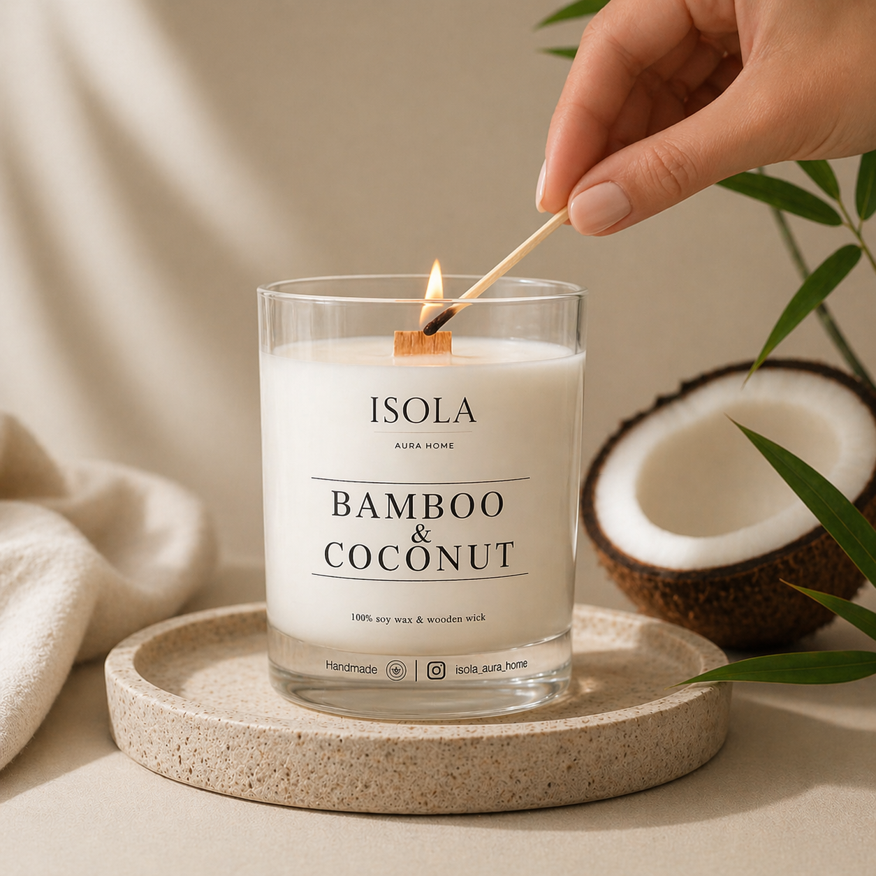 Bamboo and Coconut soy wax candle in a glass jar being lit by hand, handmade by Isola Aura Home in Belgium