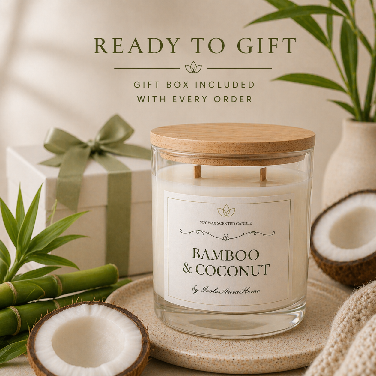 Bamboo and Coconut soy wax candle in a glass jar with wooden lid and gift box, handmade by Isola Aura Home in Belgium