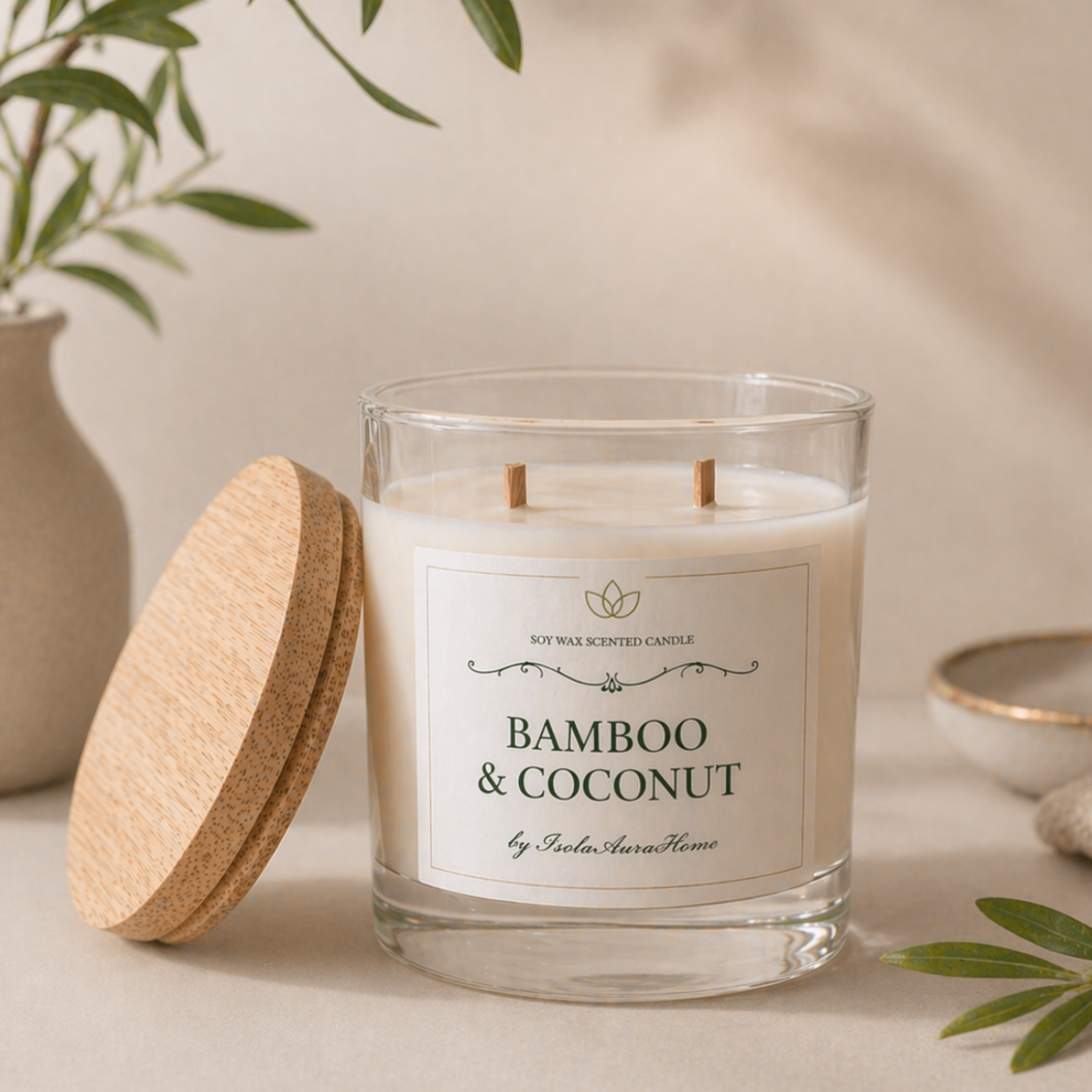 Bamboo and Coconut soy wax candle in a glass jar with wooden lid, handmade by Isola Aura Home in Belgium