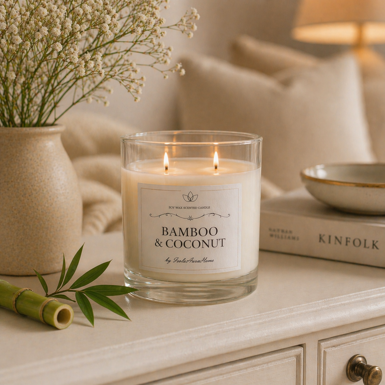 Bamboo and Coconut soy wax candle in a glass jar burning in a cozy home setting, handmade by Isola Aura Home in Belgium