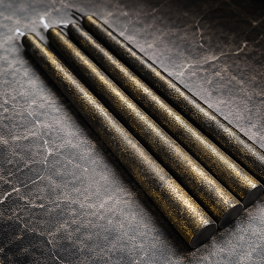 Set of four handmade black taper candles with gold shimmer finish