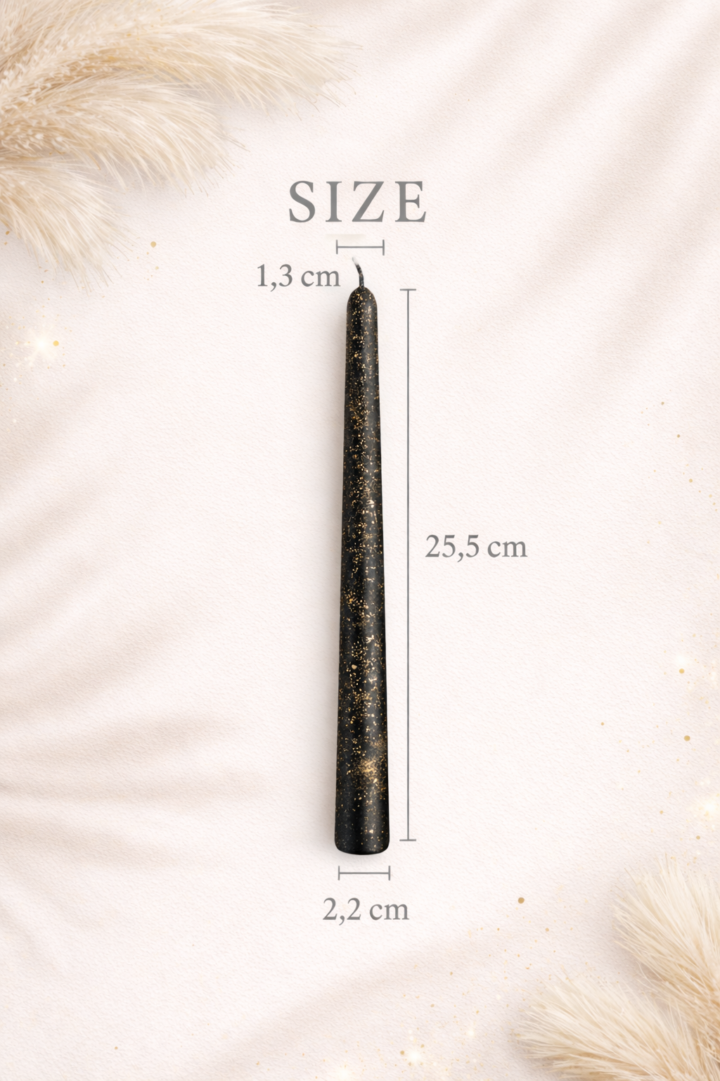 Black and gold taper candle size guide showing 25.5 cm height and 2.2 cm base diameter