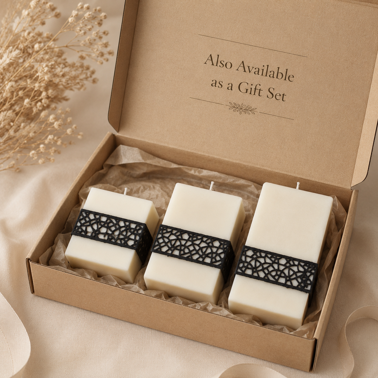 Black lace geometric soy wax candle set in a gift box, handmade by Isola Aura Home in Belgium