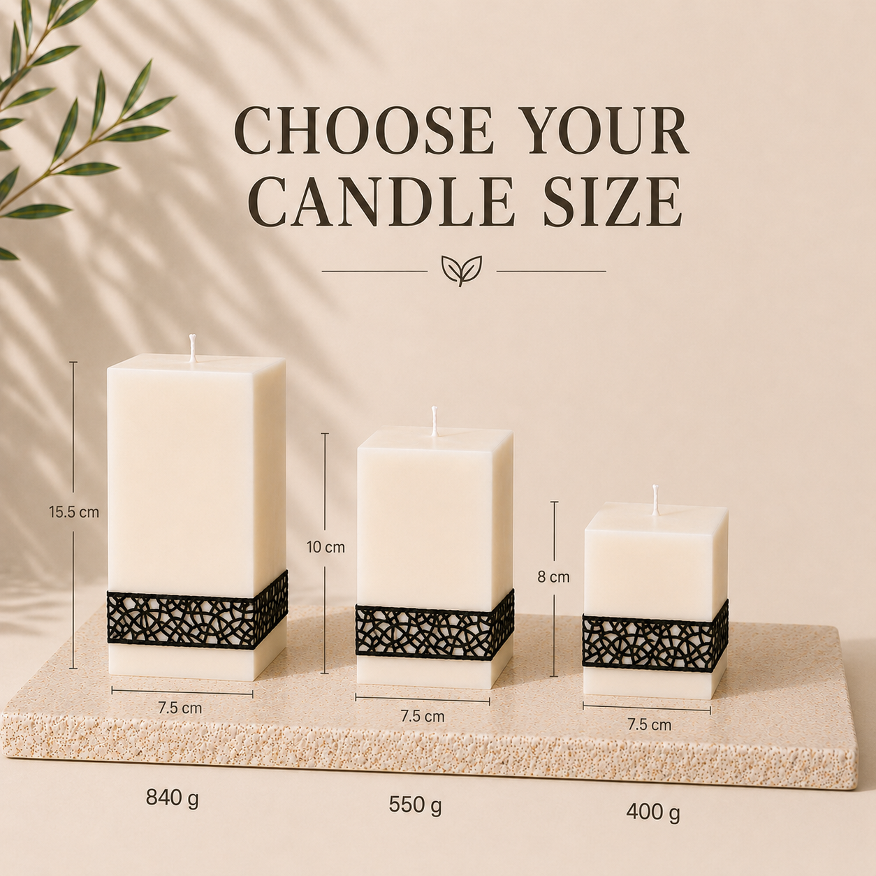 Size chart for black lace geometric soy wax candles in three sizes, handmade in Belgium