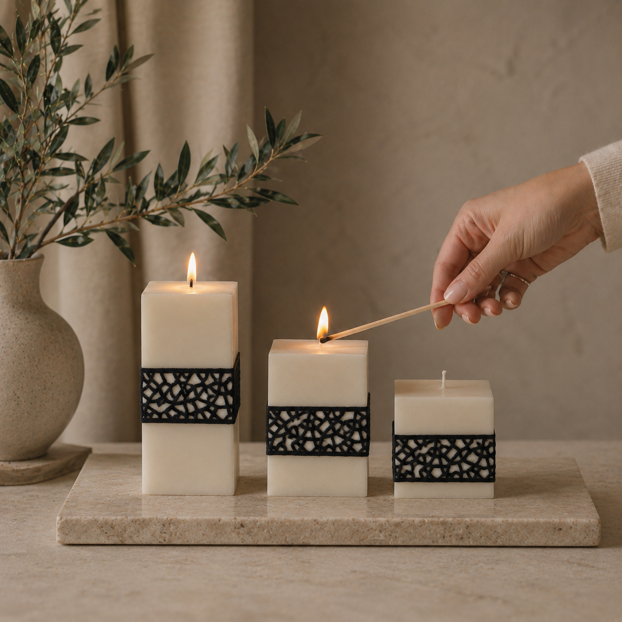Hand lighting black lace geometric soy wax candles for elegant minimalist home decor