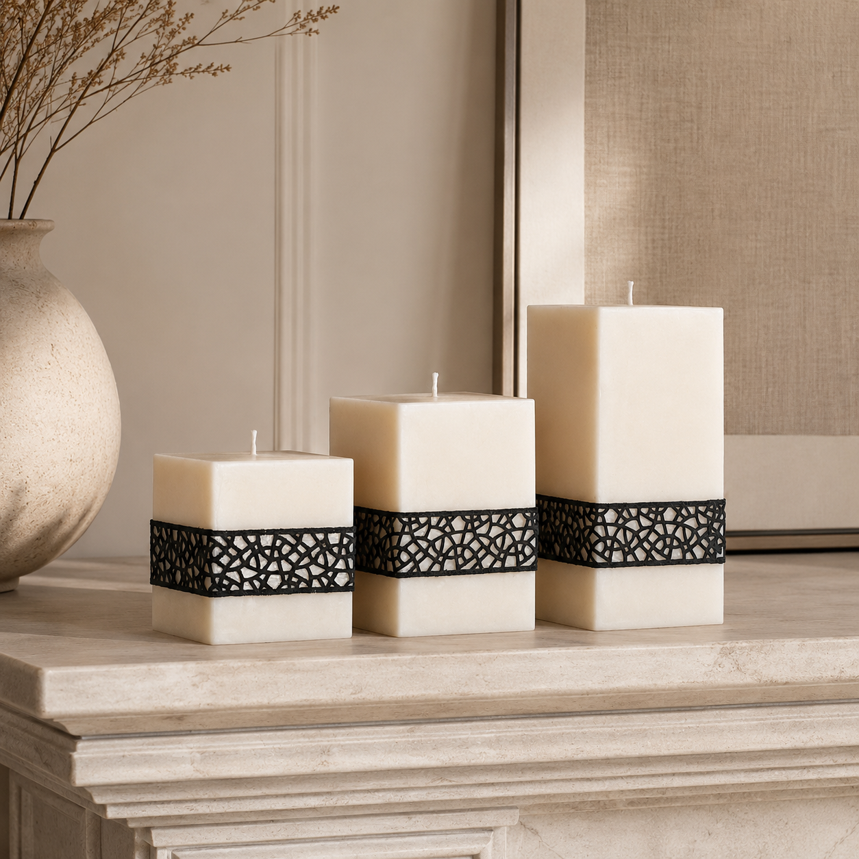 Black lace geometric soy wax candles styled on a mantel for modern neutral home decor