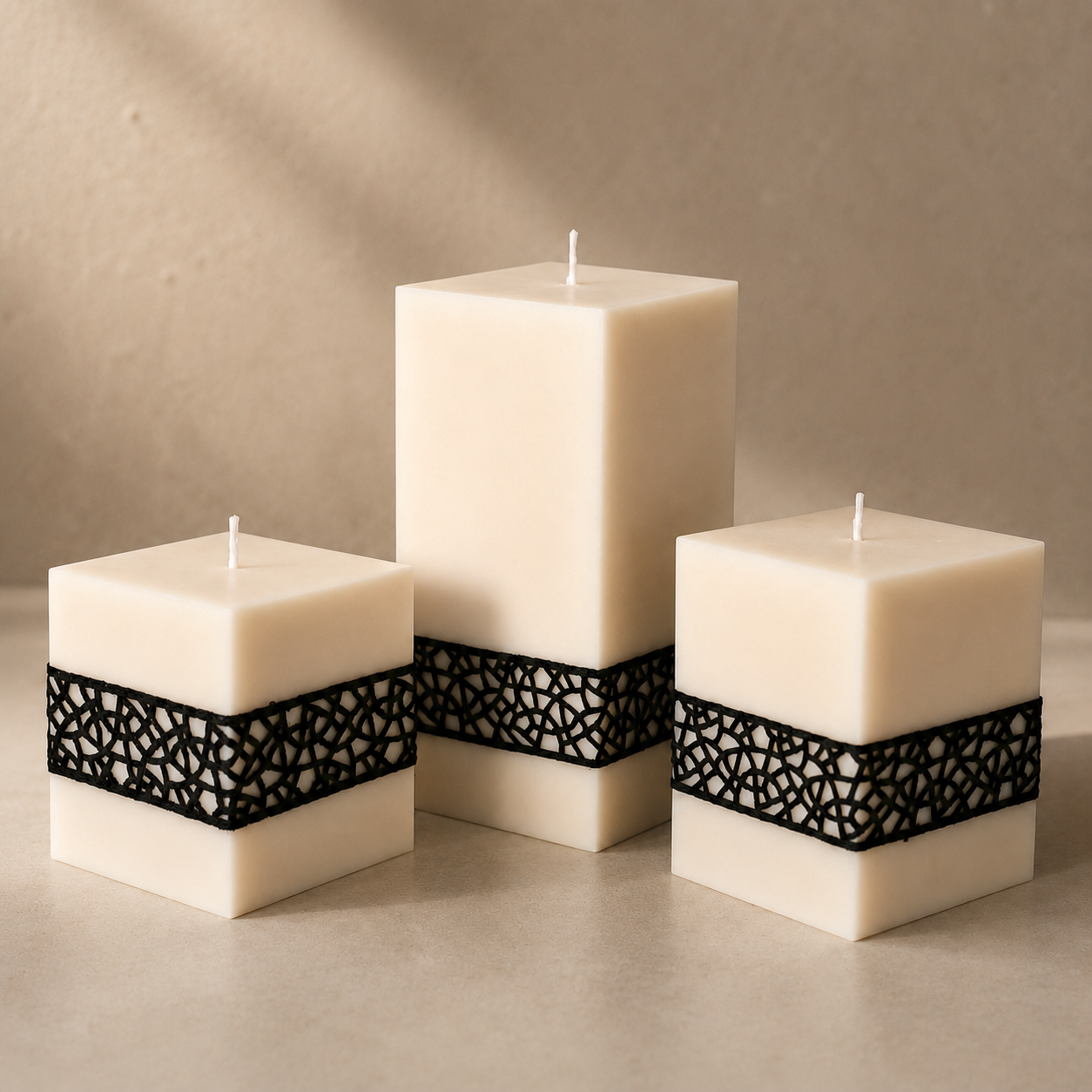 Black lace geometric soy wax candles in ivory and black, handmade by Isola Aura Home in Belgium