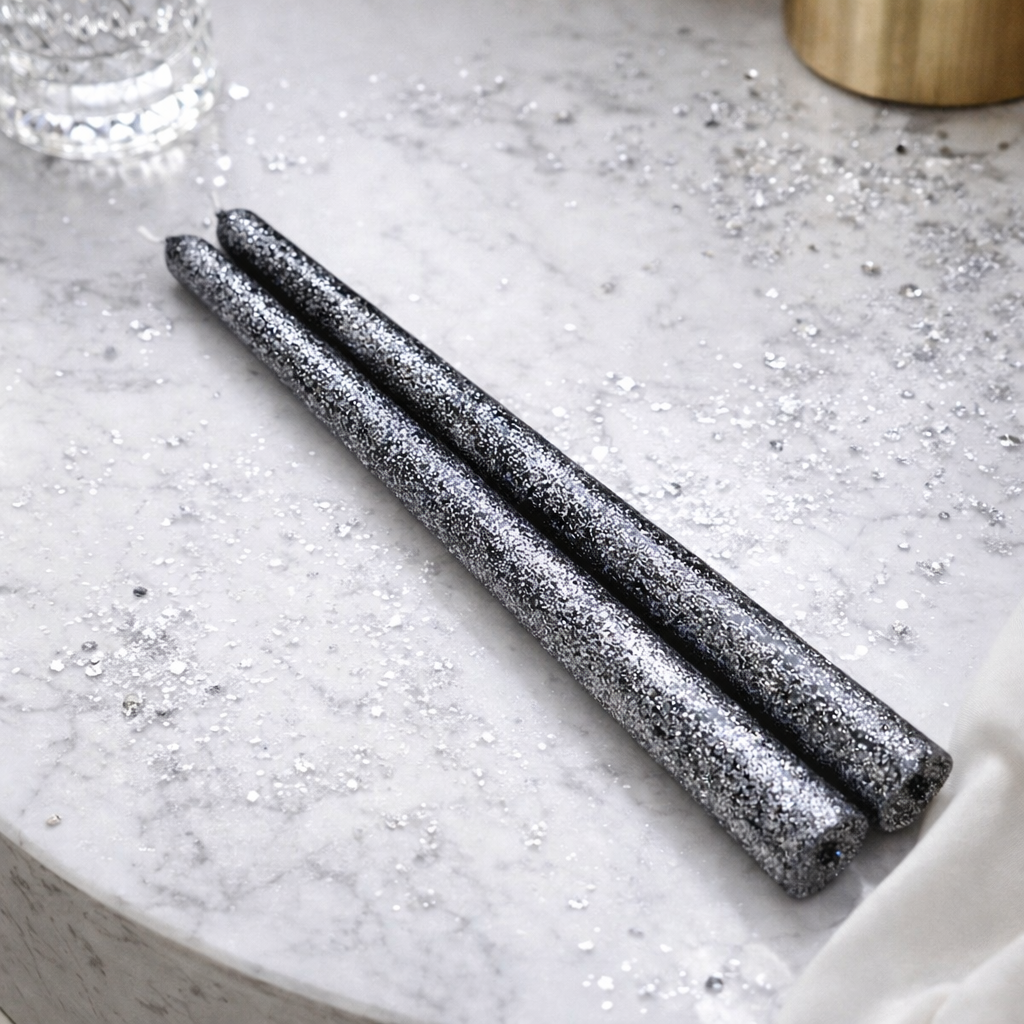 Set of two handmade black taper candles with silver shimmer finish