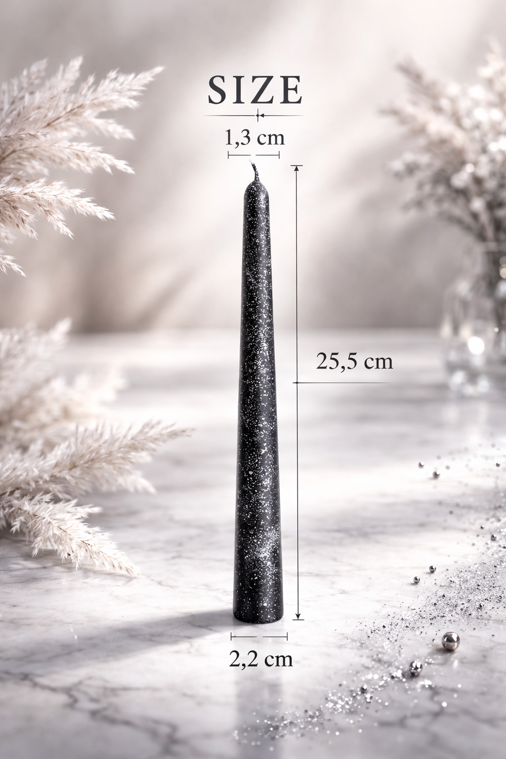 Black and silver taper candle size guide showing 25.5 cm height and 2.2 cm base diameter