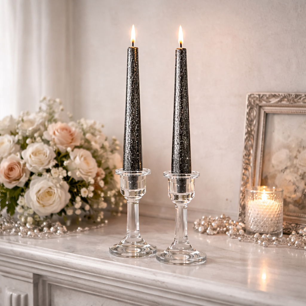 Black and silver dinner candles displayed in clear holders on an elegant mantel