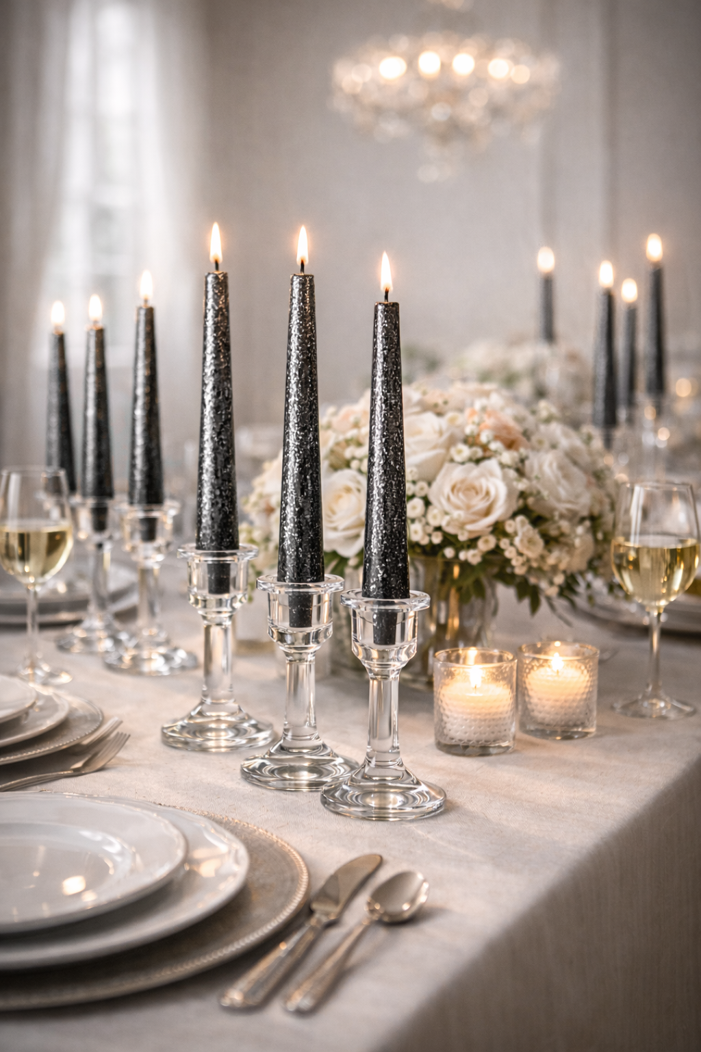Black and silver taper candles styled on an elegant wedding and celebration table