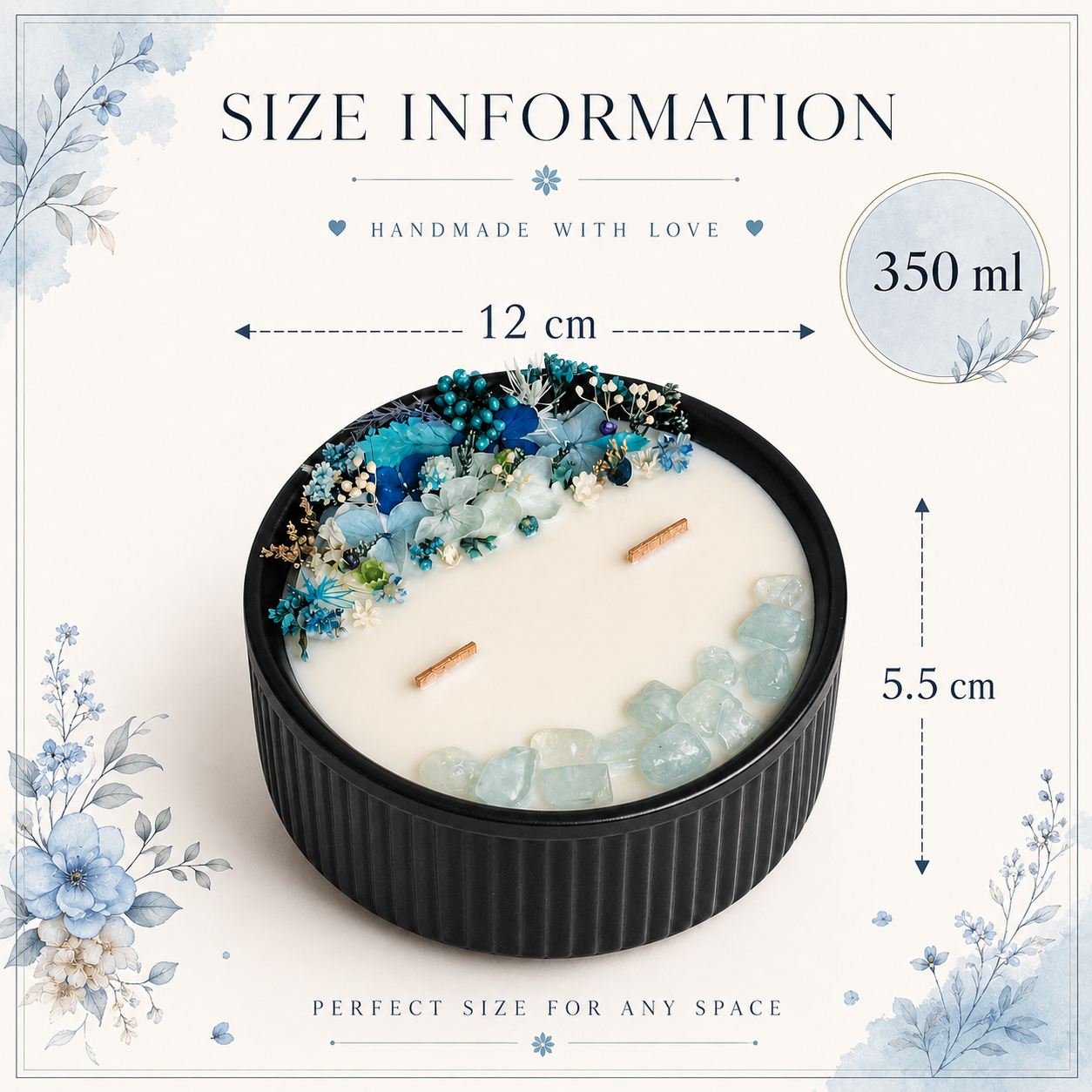 Blue Bloom and Aquamarine floral crystal candle dimensions showing 350 ml capacity, 12 cm diameter and 5.5 cm height
