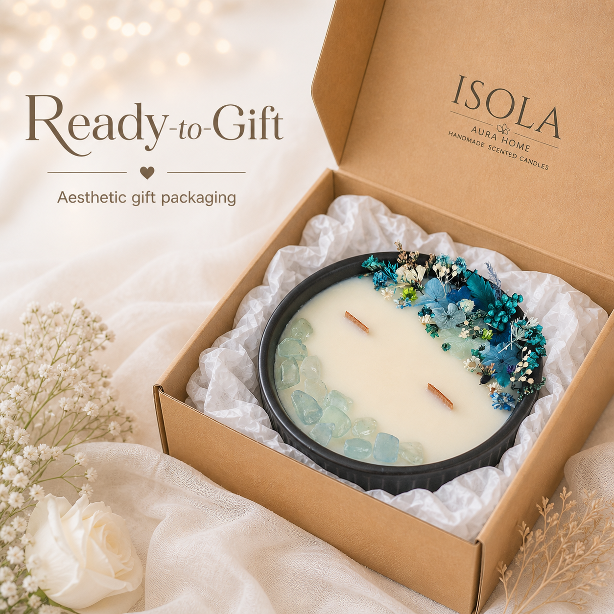 Blue Bloom and Aquamarine floral crystal candle presented in an Isola Aura Home ready-to-gift box