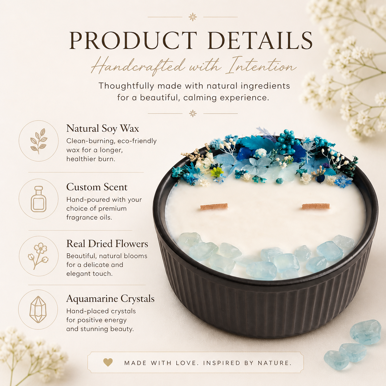 Product details for Blue Bloom and Aquamarine floral crystal candle made with soy wax, dried flowers, aquamarine stones and two wooden wicks