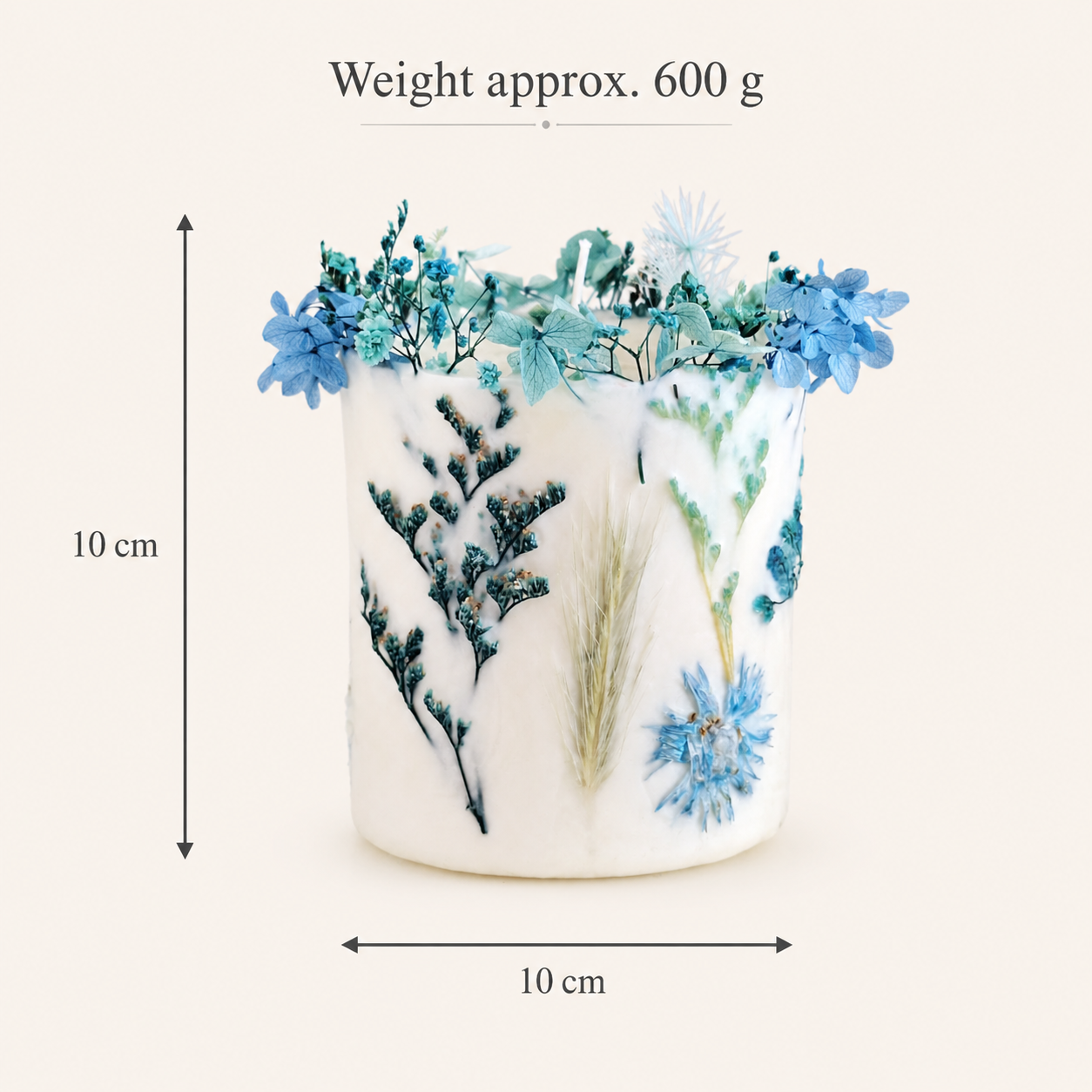 Size card for blue botanical soy wax candle, 10 cm height, 10 cm width and approx 600 g