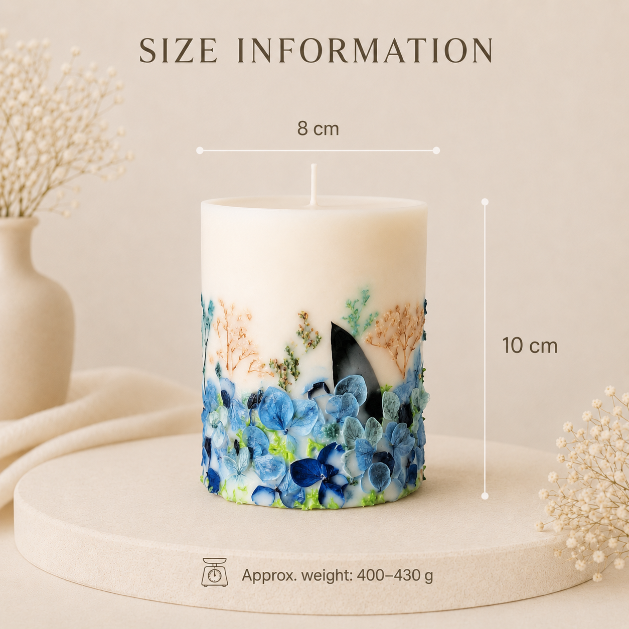 Blue botanical soy wax candle size D8 x H10 cm, approx. weight 400–430 g