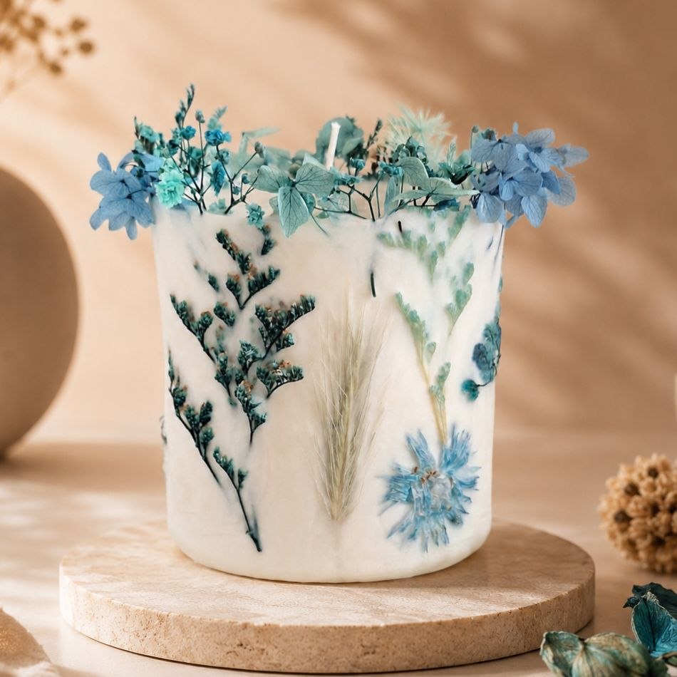 Blue botanical soy wax candle with real dried flowers, handmade by Isola Aura Home in Belgium