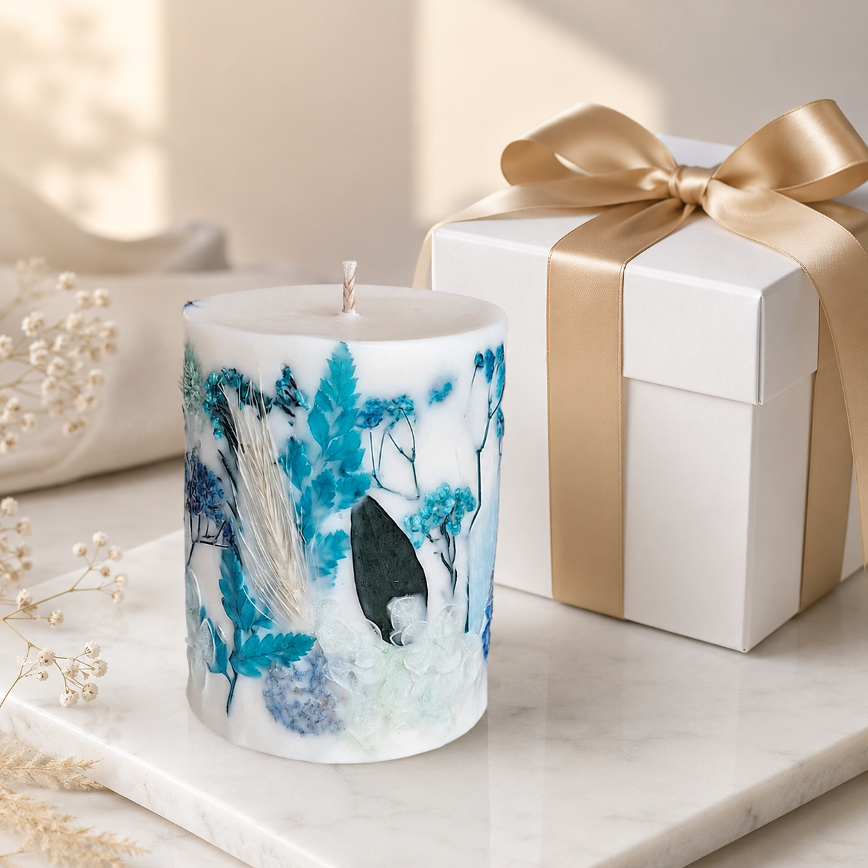 Blue Meadow botanical soy wax candle with white gift box and ribbon, ready to gift