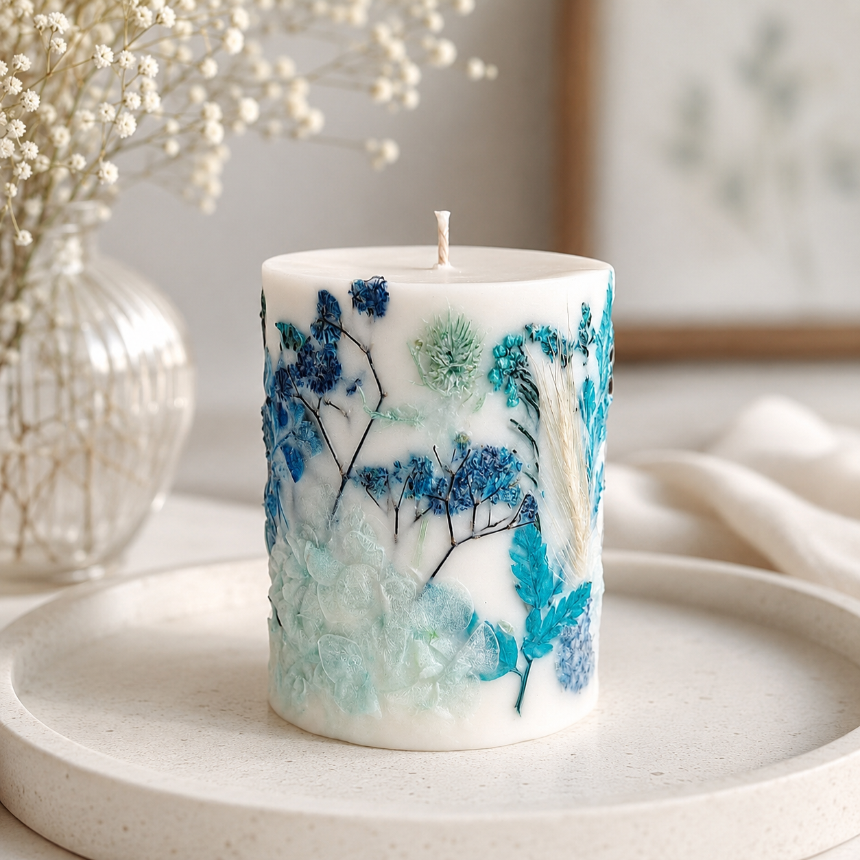 Blue Meadow botanical soy wax candle displayed in a soft elegant interior