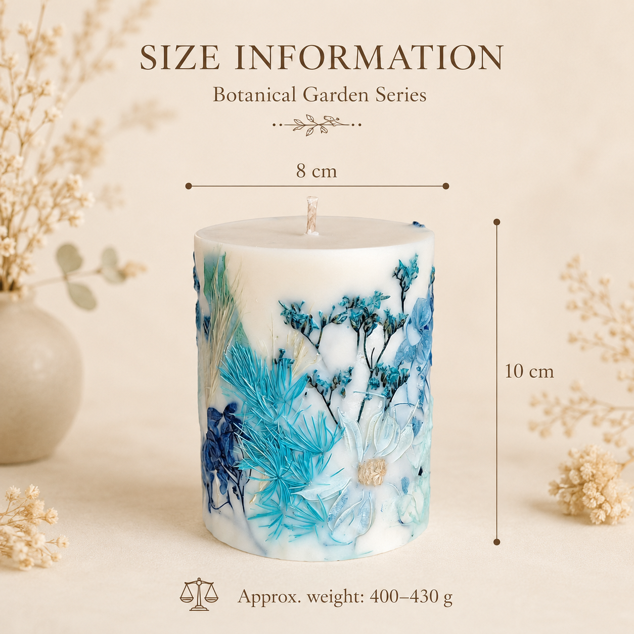 Blue Meadow botanical soy wax candle size D8 x H10 cm, approx. weight 400–430 g, Botanical Garden Series