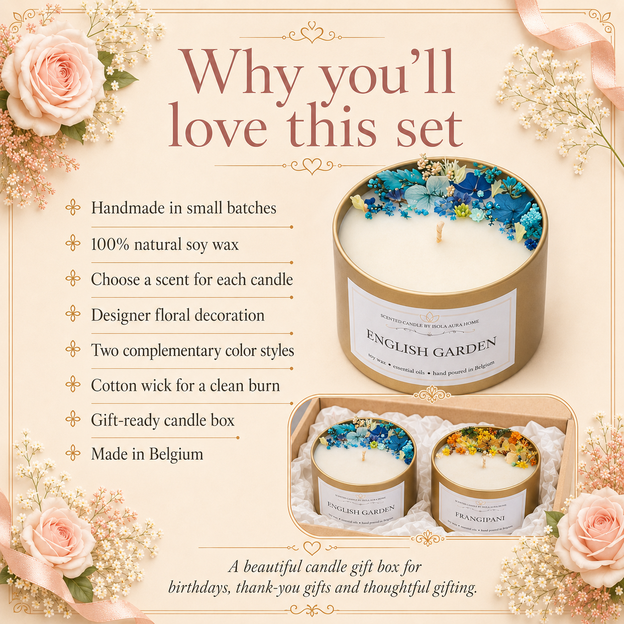 Features of the blue and yellow floral soy wax candle gift box set of 2 handmade by Isola Aura Home in Belgium