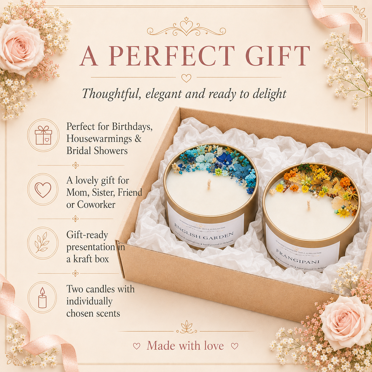 Blue and yellow floral candle gift box set of 2 for birthdays, housewarmings, bridal showers and thank-you gifts