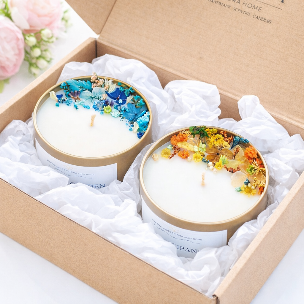 Blue and yellow floral candle gift box set of 2 with handmade soy wax candles in a kraft gift box by Isola Aura Home Belgium