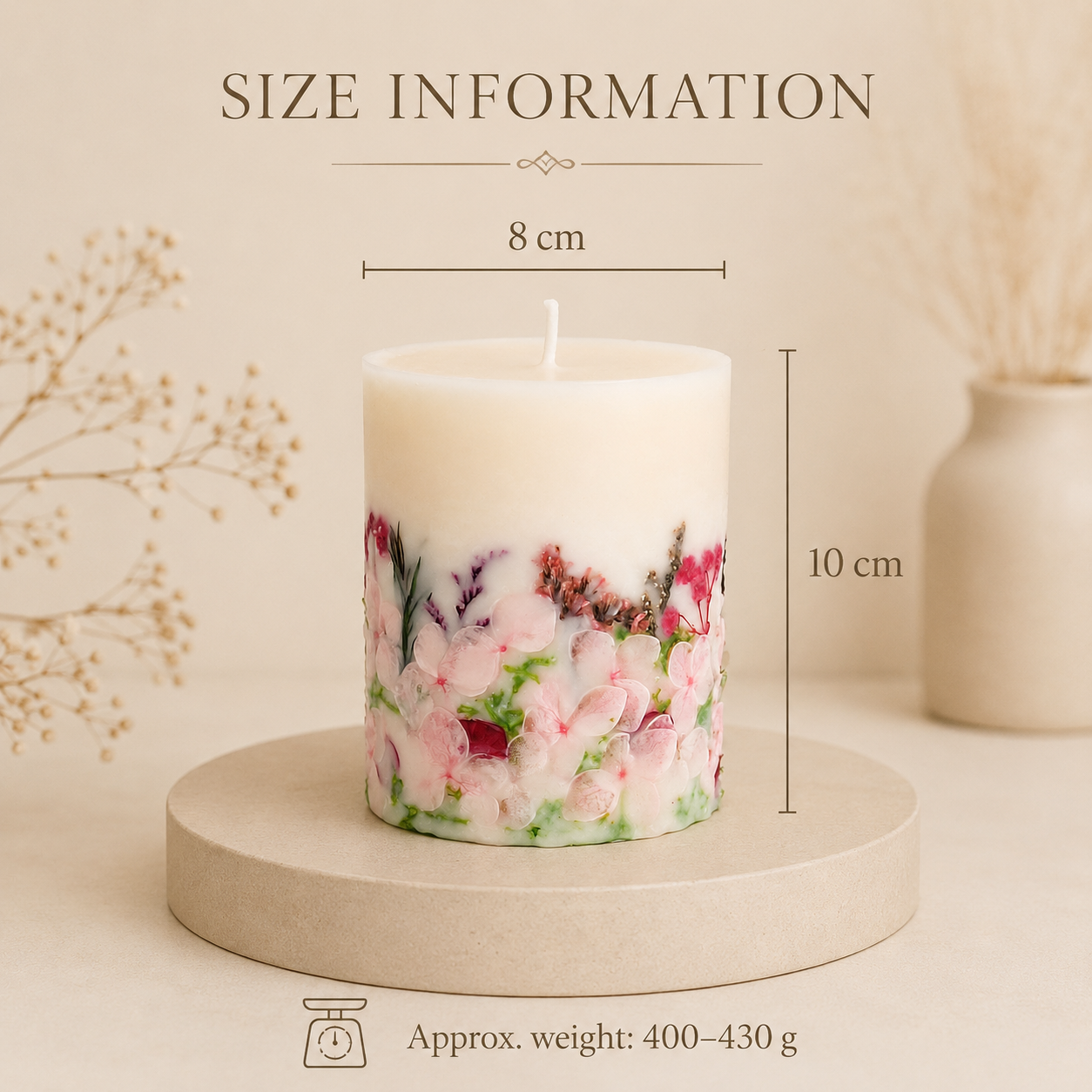 Blush botanical soy wax candle size D8 x H10 cm, approx. weight 400–430 g
