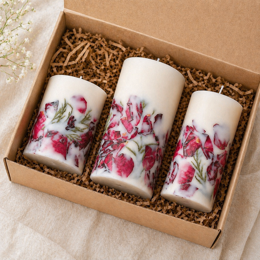 Botanical candle gift box with three handmade soy wax pillar candles decorated with rose petals by Isola Aura Home in Belgium
