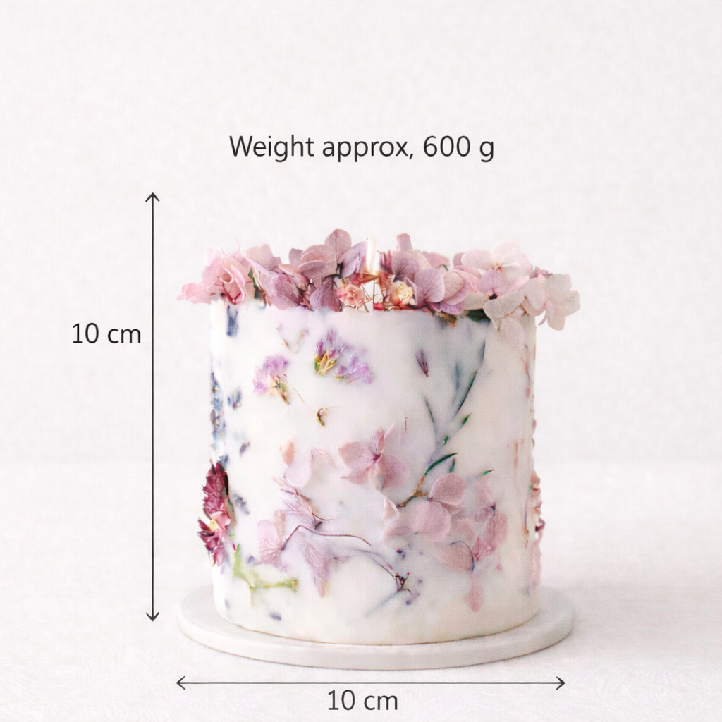 Size card for botanical soy wax candle, 10 cm height, 10 cm diameter and approx 600 g weight