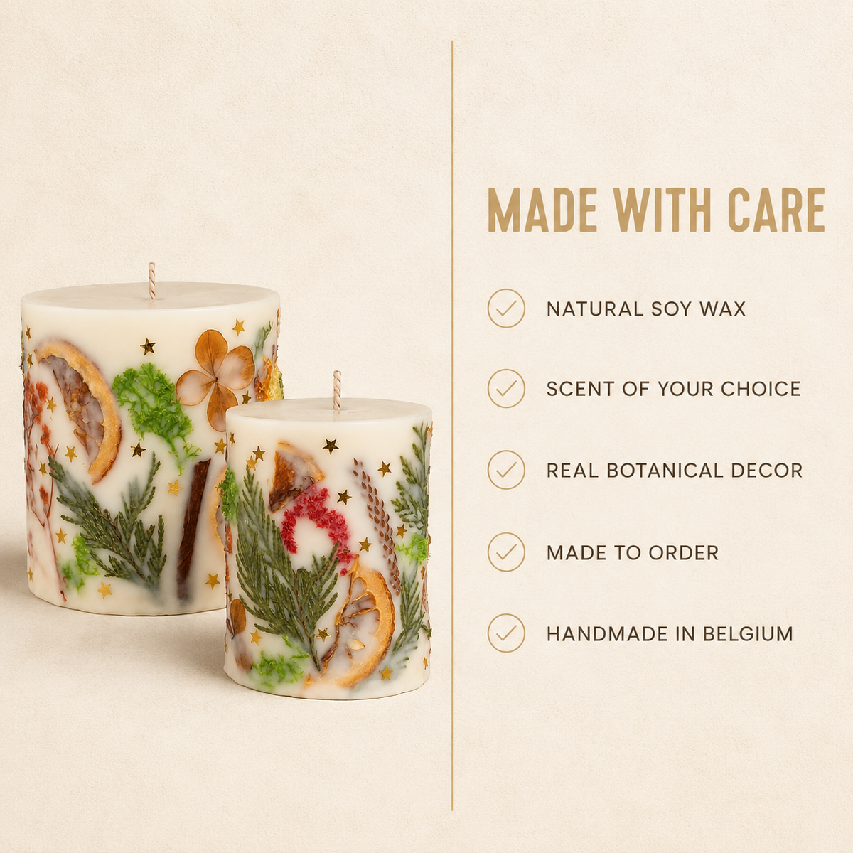 Botanical Christmas candle features including soy wax, custom scent, real botanicals and handmade production.