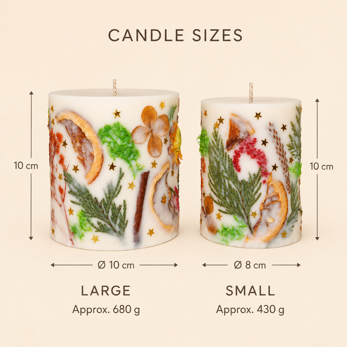 Size guide for small and large botanical Christmas candles with dimensions and approximate weights.