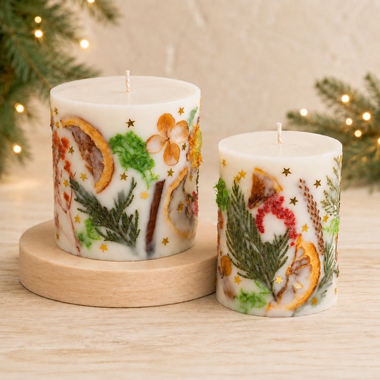 Two botanical Christmas soy candles with dried orange, evergreen, cinnamon and gold stars on a wooden stand.
